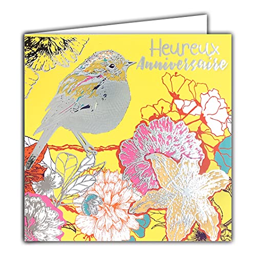 Quadratische Karte, silberfarben, Glückwunsch, Geburtstag, Blumen, Vogelmotiv, Rotkehlchen von Afie