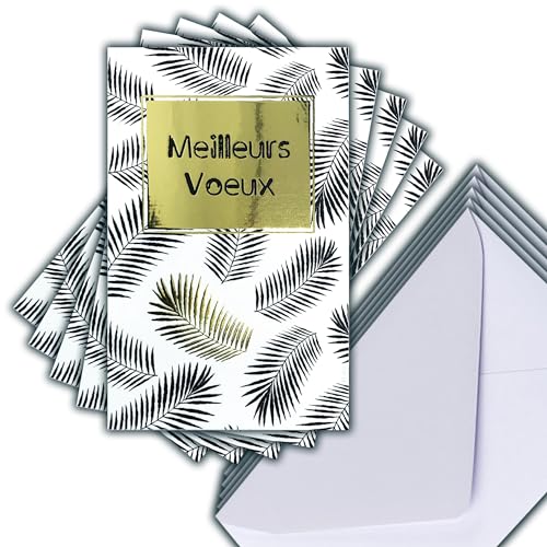 Set mit 5 Glückwunschkarten in Gold glänzend + 5 weiße Umschläge Format 14 x 9 cm – exotische Palmblätter Tropical Chic Elegant Trend Deko Schwarz und Weiß Silhouette Schatten Ende des Jahres von Afie