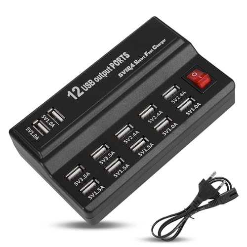 USB Ladestation, 5,5x3,3x1,4 Zoll 12-Port USB Hub 5V/12A Netzteil Handy Schnellladegerät Netzadapter Multiport Charging Station Desktop Power Hub Ladeadapter für Smartphone Tablet MP3 MP4 USB Geräte von Agatige