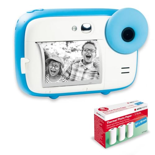 AGFA Photo Realikids Instant Cam + 3 Rollen Thermopapier, ATP3WH – Sofortbildkamera für Kinder, LCD-Display 2,4 Zoll, Lithium-Akku, Selfie-Spiegel und Fotofilter – Blau von AgfaPhoto