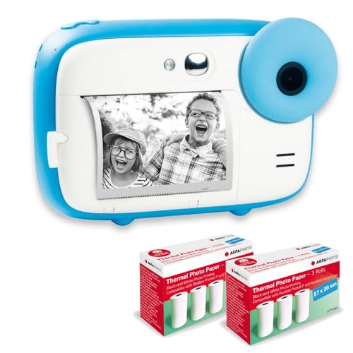 AGFA Photo Realikids Instant Cam + 6 Rollen Thermopapier, ATP3WH – Sofortbildkamera für Kinder, LCD-Display 2,4 Zoll, Lithium-Akku, Selfie-Spiegel und Fotofilter – Blau von AgfaPhoto