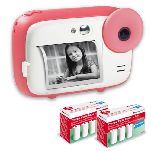 AGFA Photo Realikids Instant Cam + 6 Rollen Thermopapier, ATP3WH – Sofortbildkamera für Kinder, LCD-Display 2,4 Zoll, Lithium-Akku, Selfie-Spiegel und Fotofilter – Rosa von AgfaPhoto