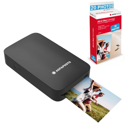 AGFA Photo - Realipix Mini P Drucker + AMC Patronen und Papier für 20 Fotos – Fotodrucker Format 5,3 x 8,6 cm über Bluetooth – Thermosublimation 4Pass – Schwarz von AgfaPhoto