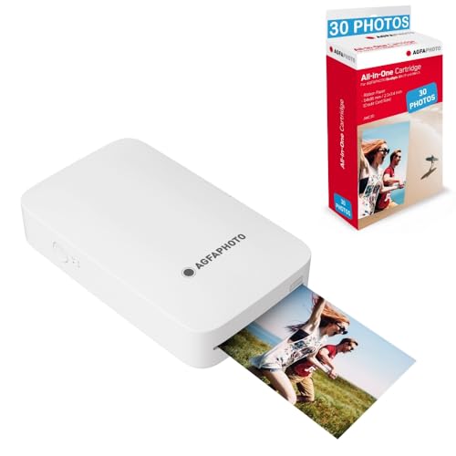AGFA Photo - Realipix Mini P Drucker + AMC Patronen und Papier für 30 Fotos – Fotodrucker Format 5,3 x 8,6 cm über Bluetooth – Thermosublimation 4Pass – Weiß von AgfaPhoto