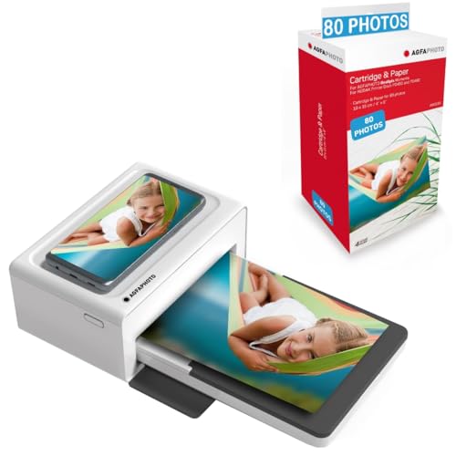 AGFA Photo Realipix Moments Drucker-Paket + Patronen und Papiere für 80 zusätzliche Fotos – Bluetooth-Fotodruck 10 x 15 cm Smartphone Apple und Android, 4 Pass Sublimation Thermal – Weiß von AgfaPhoto