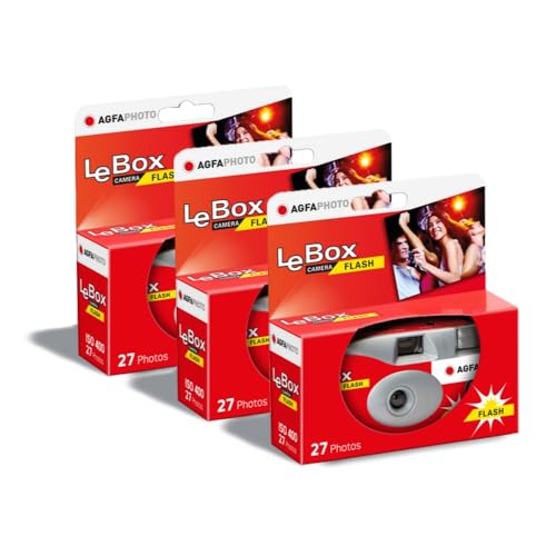 AGFAPHOTO 601020 LeBox Flash, Einwegkamera, 27 Fotos, optisches Objektiv 31 mm, Grau und Rot, 3er von AgfaPhoto