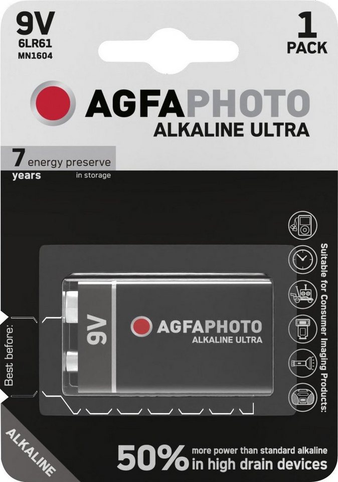 AgfaPhoto AGFAPHOTO Batterie Alkaline 9V E-Block 1er Blister Batterie, (9 V) von AgfaPhoto