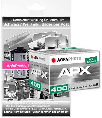AgfaPhoto APX400 Schwarz/Weiß Film 400 ASA für bis zu 36 Bilder incl. Komplettentwicklung der Bilder per Briefpost in der Postkarten Größe 10 x15 cm. Auf Wunsch Bild Daten zusätzlich per WE Transfer von AgfaPhoto