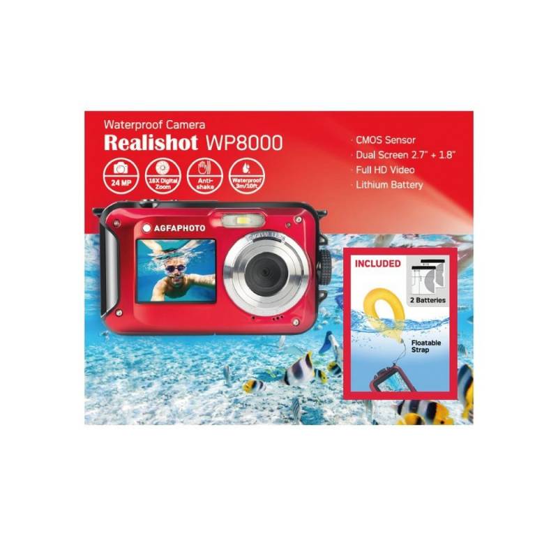 AgfaPhoto Kompaktkamera WP8000 rot Kit mit Schwimmgriff und zweitem Akku Kompaktkamera von AgfaPhoto