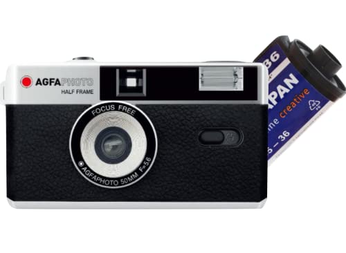 AgfaPhoto analoge 35mm 1/2 Format Foto Kamera Black im Set mit Schwarz/weiß Negativ Film + Batterie von AgfaPhoto
