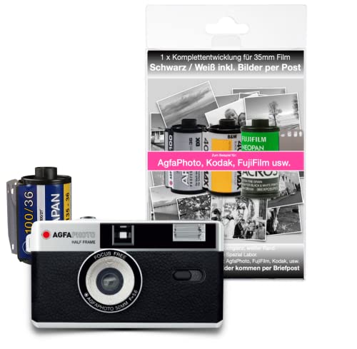 AgfaPhoto analoge 35mm 1/2 Format Foto Kamera im Set mit Schwarz/weiß Negativ Film + Batterie + Negativ + Bildentwicklung per Post von antonKUNZE
