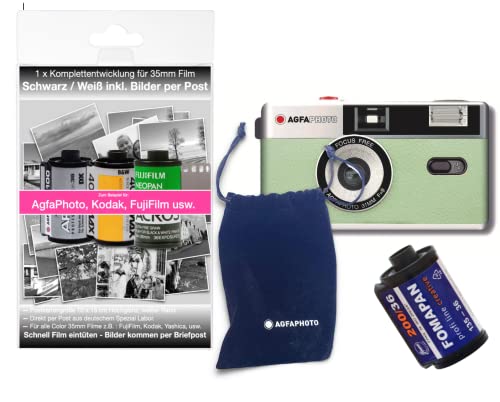 AgfaPhoto analoge 35mm Foto Kamera im Komplettset : Film + Batterie + Entwickungset für bis zu 36 Schwarz Weiß/Bilder (per Post) von AgfaPhoto