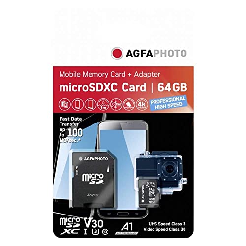 Agfaphoto 10582A1 64GB microSDXC CLASS 10 UHS-I U3 V30 Speicherkarte von AgfaPhoto