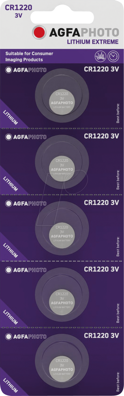 AGFA CR1220 X5 - Lithium-Knopfzelle, CR1220, 3V, 12,0x2,0 mm, 5er-Pack von Agfaphoto