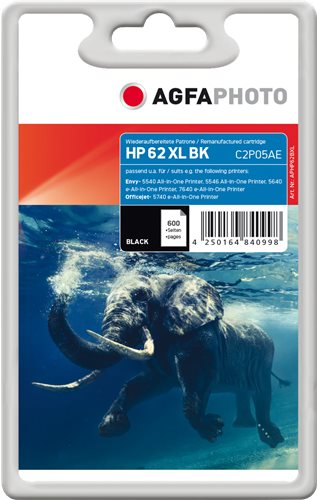 AgfaPhoto - Schwarz - kompatibel - wiederaufbereitet - Tintenpatrone (Alternative zu: HP C2P05AE, HP 62XL) - für HP Envy 55XX, 56XX, 76XX, Officejet 200, 250, 252, 57XX, 8040 von Agfaphoto