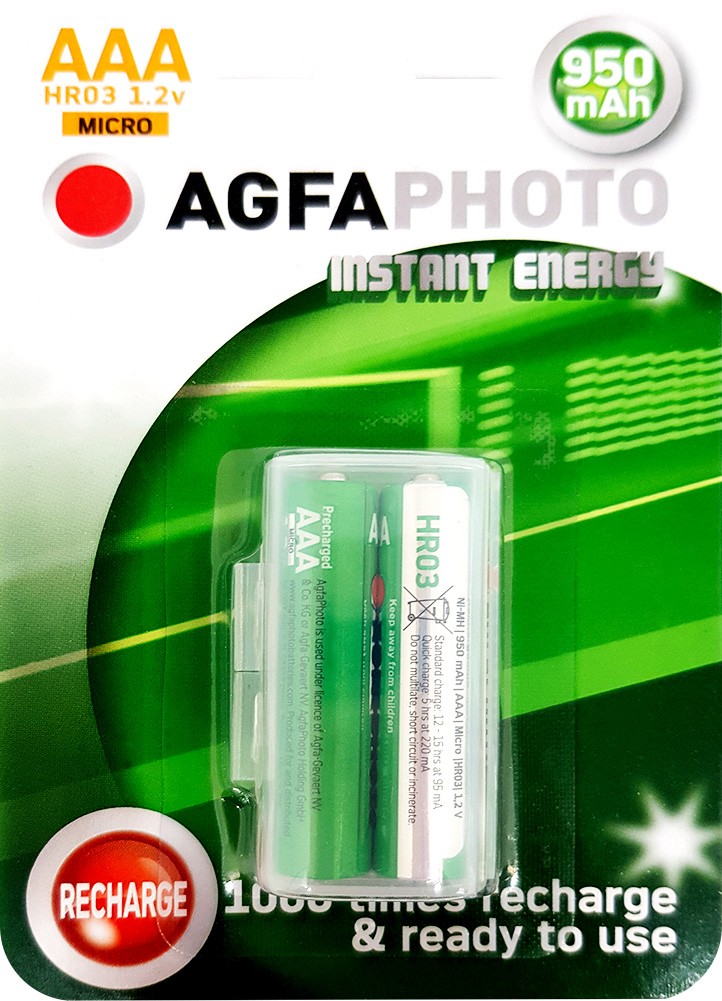 Agfaphoto Akku NiMH, Micro, AAA, HR03, 1.2V/950mAh Instant Energy, Pre-charged, Retail Blister (2-Pack) von Agfaphoto