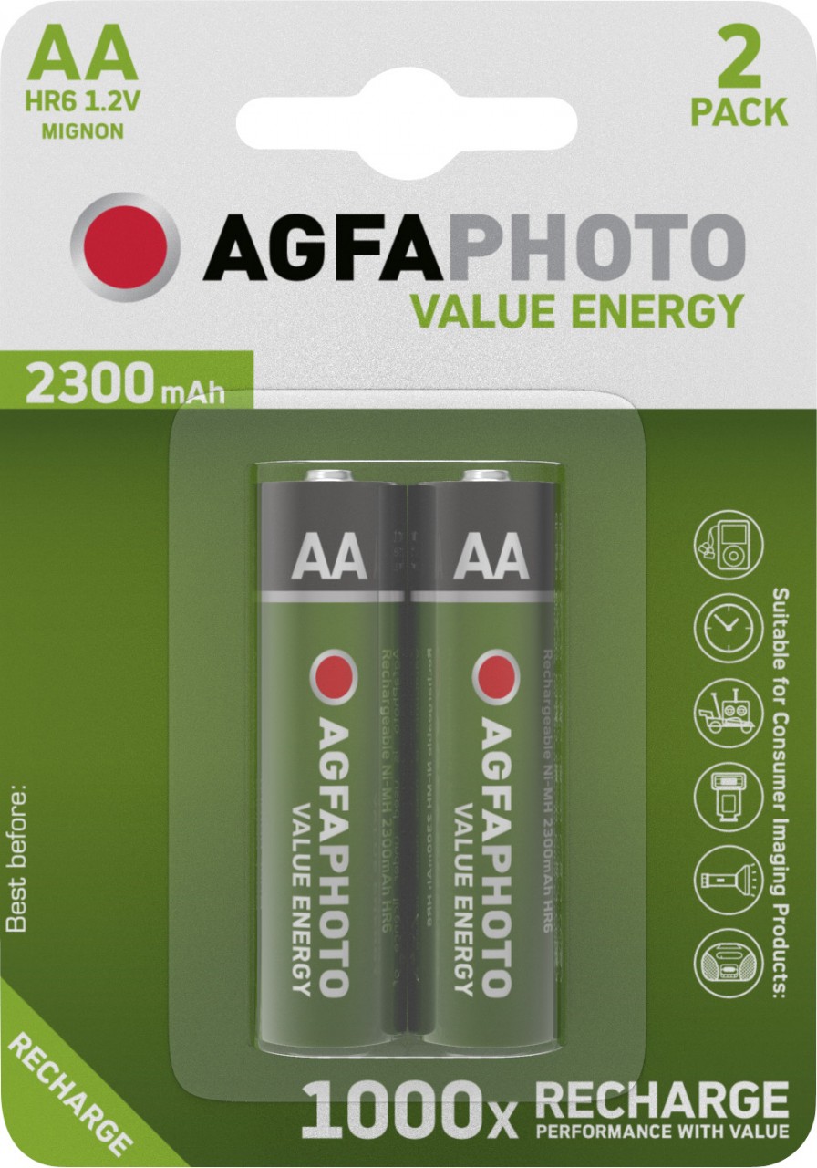 Agfaphoto Akku NiMH, Mignon, AA, HR06, 1.2V/2300mAh Value Energy, Retail Blister (2-Pack) von Agfaphoto