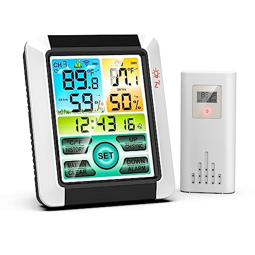 Wetterstation Funk mit Außensensor, Digital Funkwetterstation Thermometer Hygrometer innen und außen, Farbiges, hintergrundbeleuchtetes Display, Weckerfunktion von Agitato