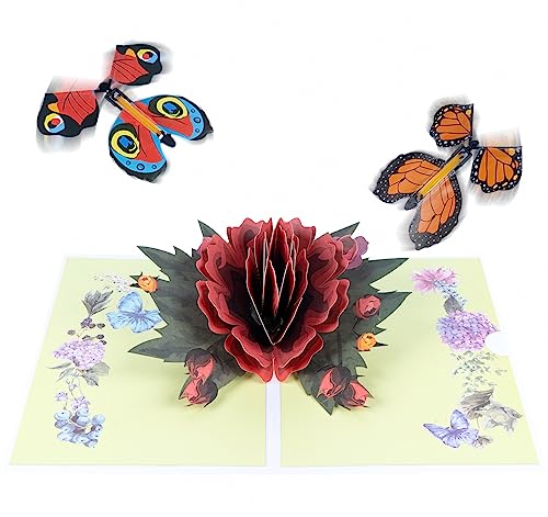 Agoer Pop Up Karte Blumen, 3D Blumenkarte Set [ mit Pop Up Fliegende Schmetterling ] Geburtstagskarte mit Umschlag, 3D Grußkarten für Muttertag,Danke,Valentinstag,Gute Besserung (Rose) von Agoer
