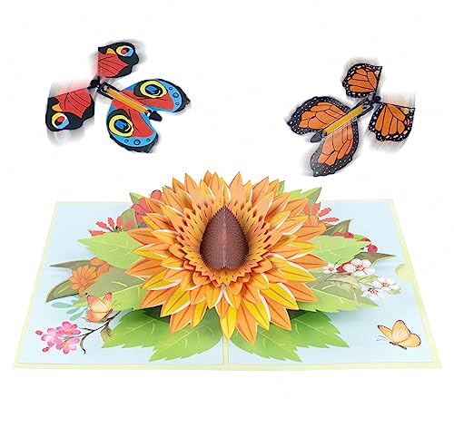 Agoer Pop Up Karte Blumen, 3D Blumenkarte Set [ mit Pop Up Fliegende Schmetterling ] Geburtstagskarte mit Umschlag, 3D Grußkarten für Muttertag,Danke,Valentinstag,Gute Besserung (Sonnenblume) von Agoer