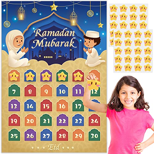 AhfuLife Ramadan Kalender, 2024 Ramadan Adventskalender für Kinder, Eid Mubarak Countdown Kalender für Zuhause Ramadan Geschenk mit 30 Sterne Aufkleber von AhfuLife