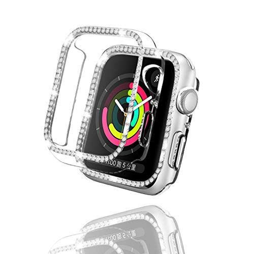 AiMok Bling Hüllen kompatibel für Apple Watch 42mm Series 3/2/1 mit Glasfolie Displayschutz, Strass Glitzer Harter PC Schutzhülle Kratzfest Schutzfolie Schutz Case für Frauen Mädchen (Transparent) von AiMok