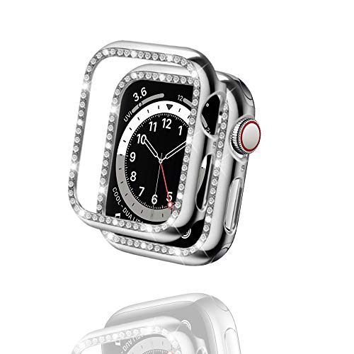 AiMok Bling Hüllen kompatibel für Apple Watch Series 6/5/4/SE 40mm mit Glasfolie Displayschutz, Strass Glitzer Harter PC Schutzhülle Kratzfest Schutzfolie Schutz Case für Frauen Mädchen (Silber) von AiMok