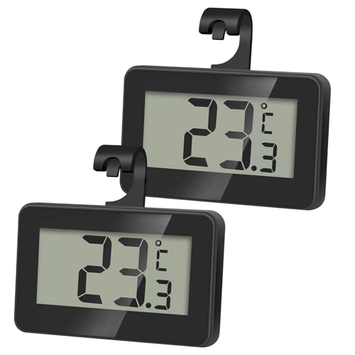 AiQInu 2 Stück Mini Thermometer Kühlschrank Digital, Magnetische Kühlschrankthermometer Mit Haken, Gefrierschrank Thermometer LCD-Anzeige Lesen, Thermometers mit Frost Alarm für Zuhause, Schwarz von AiQInu