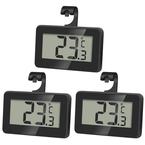AiQInu 3 Stück Mini Thermometer Kühlschrank Digital, Magnetische Kühlschrankthermometer Mit Haken, Gefrierschrank Thermometer LCD-Anzeige Lesen, Thermometers mit Frost Alarm für Zuhause, Schwarz von AiQInu