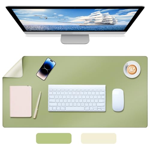 AiQInu Schreibtischunterlage Mauspad 80 x 40cm, Schreibtisch Unterlage PU Leder, Schreibtisch Matte Mousepad Groß für Laptop, Tastatur, Maus Schreibblock - Doppelseitig (Beige, Grün) von AiQInu