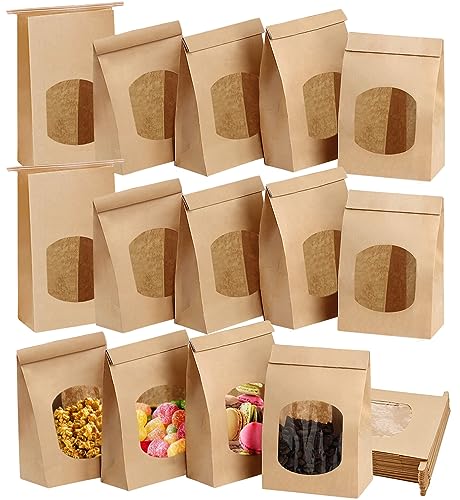 AiYoYo 40 Stück Kraft Papiertüten mit Fenster Klein Geschenktüten Braun Beutel 25x15x7cm DIY Papierbeutel Bodenbeutel Plätzchentüten Geschenkverpackung für Candy Kaffee Kekse Knabberein von AiYoYo