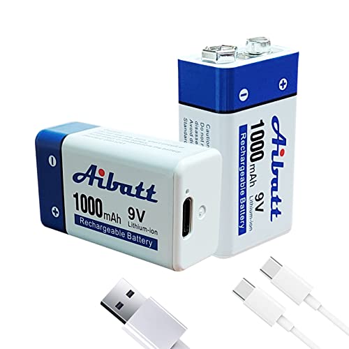 Aibatt 9V Block Akku 1000mAh,mit Ladeanschluss Typ C,Li-ion 6F22 Wiederaufladbare Batterie für Mikrofon,Rauchmelder,elektronisches Spielzeug,Walkie-Talkie,Rauchmelder,9V Blockbatterien(2 Stück) von Aibatt