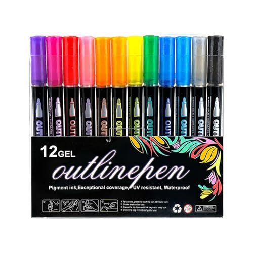 Aibyks Textmarker Zum Zeichnen In 12 Farben – Graffiti Malstifte Für Kinder | Doppellinien Doodle Konturmarker, Graffiti Textmarker | Schimmernde Outline Markerstifte Zum Zeichnen von Aibyks