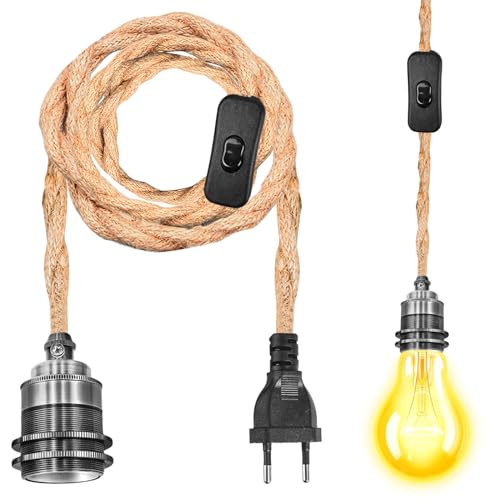 E27 Lampenfassung mit Kabel, Hanfseil Pendellampe Kit Lampenfassung Pendelleuchte mit Stecker & 1,8M Kabel E27 Vintage Lampenkabel HäNgende Leuchte für Dining Hall Schlafzimmer Home, Ohne Glühbirne von Aicharynic