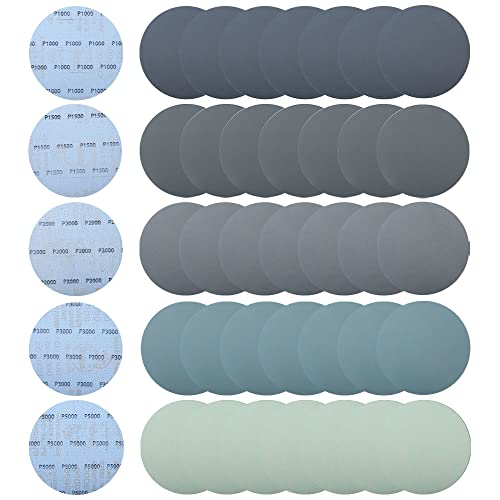 150mm Schleifpapier für Polieren(Körnung 1000/1500/2000/3000/5000), 40 Stück 6 Zoll Schleifscheiben 150mm Klett Feinstschliff für Autolack, Edelstahl & Glas von Aicoimy