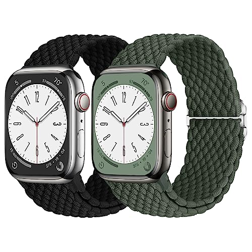 AidorMax 2 Stück Geflochtenes Armband Kompatibel mit Apple Watch 41mm 40mm 38mm, Verstellbares Nylon Stretch-Ersatzarmband für Apple Watch Series 9/8/7/6/5/4/3/SE (Olivengrün+Schwarz) von AidorMax