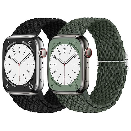 AidorMax 2 Stück Geflochtenes Armband Kompatibel mit Apple Watch 41mm 40mm 38mm, Verstellbares Nylon Stretch-Ersatzarmband für Apple Watch Series 9/8/7/6/5/4/3/SE (Olivengrün+Schwarz) von AidorMax