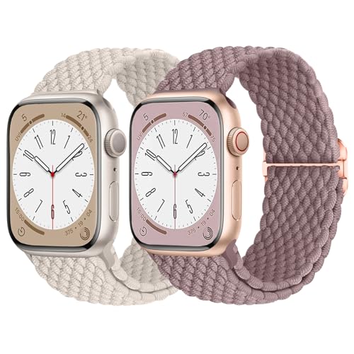 AidorMax 2 Stück Geflochtenes Armband Kompatibel mit Apple Watch 41mm 40mm 38mm, Verstellbares Nylon Stretch-Ersatzarmband für Apple Watch Series 9/8/7/6/5/4/3/SE (Polarstern+Geräuchertes Lila) von AidorMax