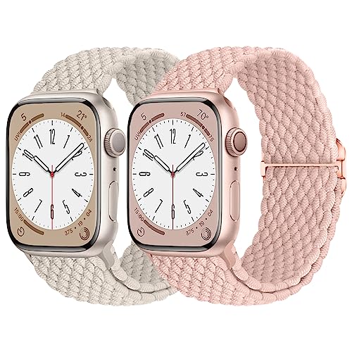 AidorMax 2 Stück Geflochtenes Armband Kompatibel mit Apple Watch 41mm 40mm 38mm, Verstellbares Nylon Stretch-Ersatzarmband für Apple Watch Series 9/8/7/6/5/4/3/SE (Polarstern+Sand Rosa) von AidorMax