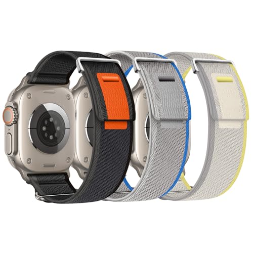 AidorMax Kompatibel mit Apple Watch Armband 49 mm 45 mm 44 mm 42 mm - 3 Stück, Nylon Sport Loop Uhrenarmband für Ultra 2/Ultra/SE/Serie 9 8 7 6 5 4 3 (Schwarz/grau+Gelb/sandfarben+Blau/grau) von AidorMax