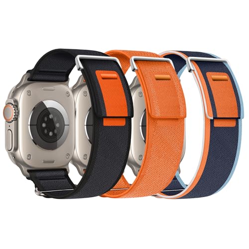 AidorMax Kompatibel mit Apple Watch Armband 49 mm 45 mm 44 mm 42 mm - 3 Stück, Nylon Sport Loop Uhrenarmband für Ultra 2/Ultra/SE/Serie 9 8 7 6 5 4 3 (Schwarz/schwarz+Marineblau+Orange) von AidorMax
