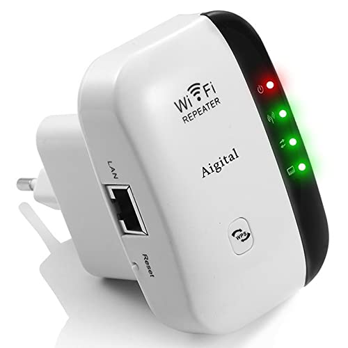 Wireless Wifi Repeater 300Mbps 2.4GHz, WiFi Extender und Verstärker WLAN-Signal, WPS, Plug und Play, Ethernet-LAN-Anschluss, WiFi-Extender bis zu 120 m², kompatibel mit allen Internetboxen von Aigital