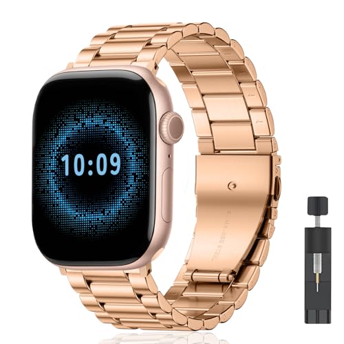 AiiBowy Armband Kompatibel mit Apple Watch 42mm (Series 10) 41mm 40mm 38mm, Metall Edelstahl Ersatzarmband für Apple Watch SE 2/SE/Series 10/9/8/7/6/5/4/3/2/1 RoséGold von AiiBowy