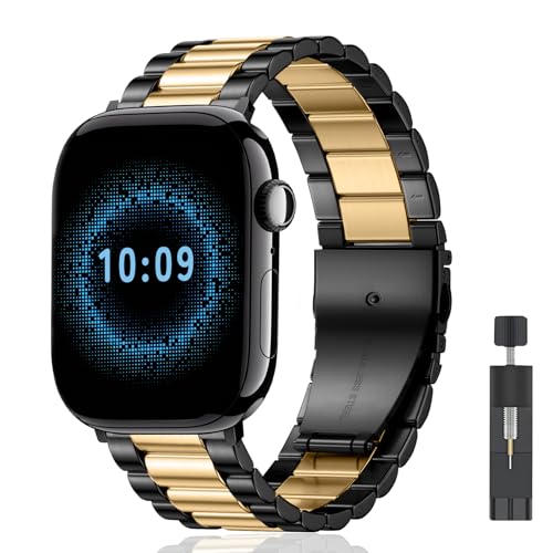 AiiBowy Armband Kompatibel mit Apple Watch 42mm (Series 10) 41mm 40mm 38mm, Metall Edelstahl Ersatzarmband für Apple Watch SE 2/SE/Series 10/9/8/7/6/5/4/3/2/1 Schwarz Gold von AiiBowy