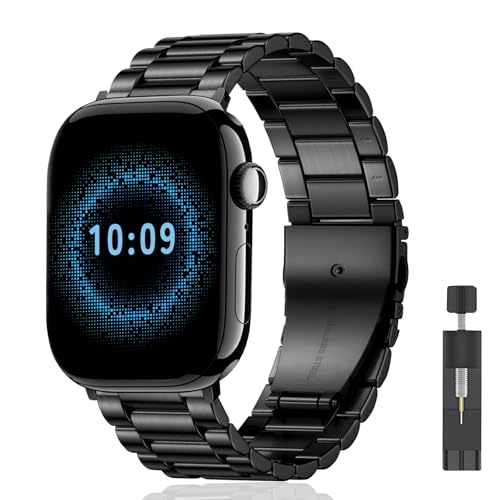 AiiBowy Armband Kompatibel mit Apple Watch 42mm (Series 10) 41mm 40mm 38mm, Metall Edelstahl Ersatzarmband für Apple Watch SE 2/SE/Series 10/9/8/7/6/5/4/3/2/1 Schwarz von AiiBowy
