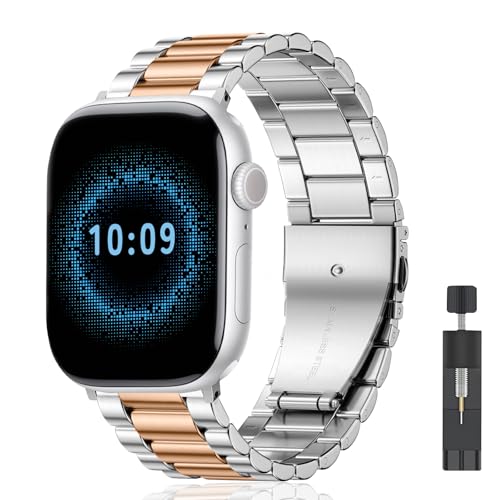 AiiBowy Armband Kompatibel mit Apple Watch 42mm (Series 10) 41mm 40mm 38mm, Metall Edelstahl Ersatzarmband für Apple Watch SE 2/SE/Series 10/9/8/7/6/5/4/3/2/1 Silber RoséGold von AiiBowy