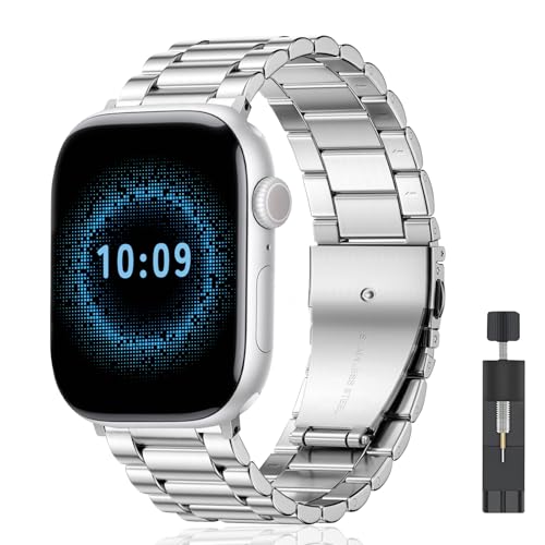 AiiBowy Armband Kompatibel mit Apple Watch 42mm (Series 10) 41mm 40mm 38mm, Metall Edelstahl Ersatzarmband für Apple Watch SE 2/SE/Series 10/9/8/7/6/5/4/3/2/1 Silber von AiiBowy