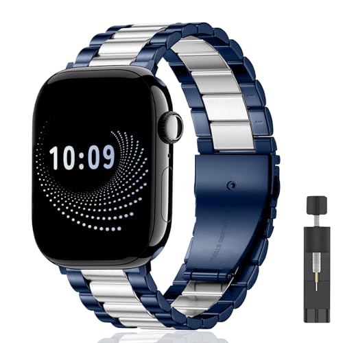 AiiBowy Armband Kompatibel mit Apple Watch 46mm(Series 10) 45mm 44mm 42mm 49mm, Metall Edelstahl Ersatzarmband für Apple Watch Ultra 2/Ultra/SE 2/SE/Series 10/9/8/7/6/5/4/3/2/1 Blau Silber von AiiBowy