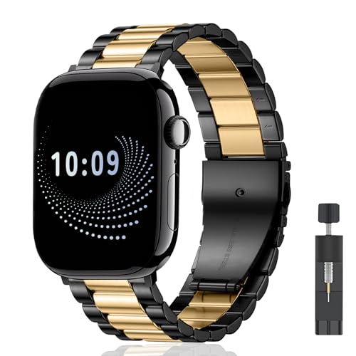 AiiBowy Armband Kompatibel mit Apple Watch 46mm(Series 10) 45mm 44mm 42mm 49mm, Metall Edelstahl Ersatzarmband für Apple Watch Ultra 2/Ultra/SE 2/SE/Series 10/9/8/7/6/5/4/3/2/1 Schwarz Gold von AiiBowy