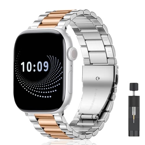 AiiBowy Armband Kompatibel mit Apple Watch 46mm(Series 10) 45mm 44mm 42mm 49mm, Metall Edelstahl Ersatzarmband für Apple Watch Ultra 2/Ultra/SE 2/SE/Series 10/9/8/7/6/5/4/3/2/1 Silber RoséGold von AiiBowy